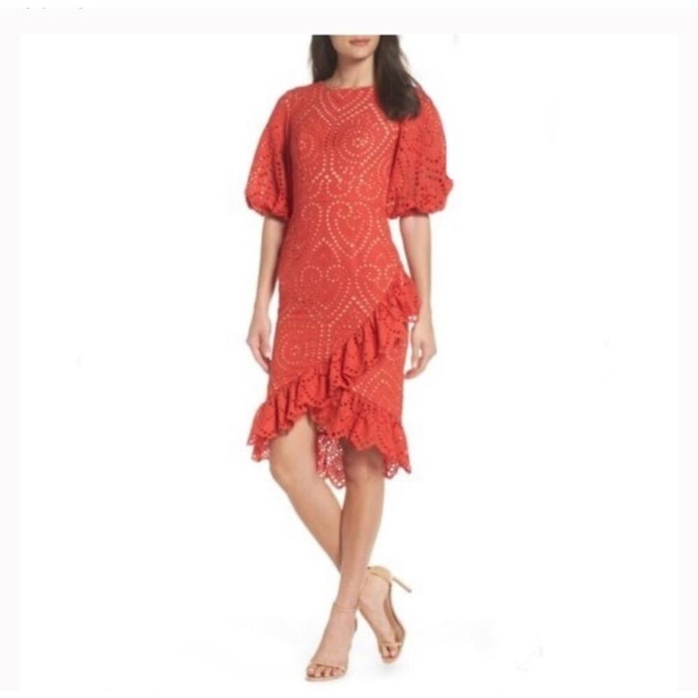 NWT Jarlo Anika Orange Eyelet Cocktail Dress Puff Sleeve Ruffle Hem Sz 0
